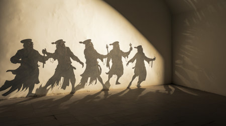 four elaborate costume-clad figures cast dynamic shadows in the center of a room. this captivating photo, taken with a nikon d750, captures the essence of germanic art with its isolated figures and spontaneous gestures. the shadows, resembling wall sculptures, add an intriguing element to this unique installation. ai generatedの素材