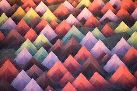 mountains in landscape during the early night hours, captured in the chromatic geometry style of dimitry roulland. the repetitive and dusty piles create modular patterns, while the luminous shadows add depth to the scene. this photograph evokes the artistic style of scarlett hooft graafland. ai generatedの素材