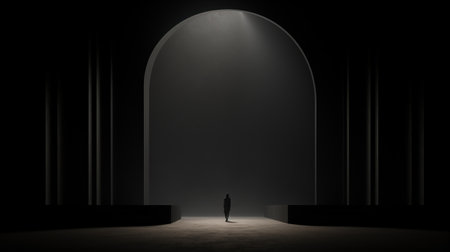 a modern black illustration captures the essence of a minimalist archway door opening. with cinematic lighting and the use of the samyang af 14mm f28 rf lens, the image exudes a sense of quiet contemplation. the artwork transports viewers to otherworldly scenes, showcasing a tonal palette and minimalist purity. ai generatedの素材