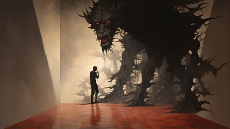 a figure confronts a menacing monster on a vibrant red cement floor in this realistic fantasy artwork. the composition exudes shadowy drama and showcases the influence of large scale murals, dragoncore, precisionist art, and the ashcan school. the misty atmosphere adds an intriguing touch to this captivating scene. ai generatedの素材
