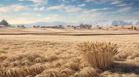 a large wheat field in the mountains, showcasing a textured landscape with elements of dau al set and vray tracing techniques. this environmental portraiture captures the essence of nature, reminiscent of the shang dynasty. the use of high dynamic range enhances the visual impact of the photo. ai generatedの素材