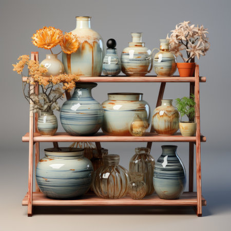 3d model of a shelf combining organic chemistry reactions practice and factory elements. the design features a tuscan sun and cream color scheme with crosshatched strokes in cream and cornflower-blue. the shelf is made of straw and brown layers, creating a unique and visually appealing piece. ai generatedの素材