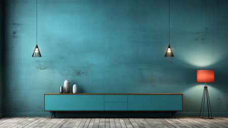 an empty living room with blue walls and a blue door, showcasing an industrial and product design style. the room features a turquoise color scheme, with a sleek metallic finish and an earthy color palette. the overall aesthetic is characterized by cartoonish simplicity and a sleek design. ai generatedの素材