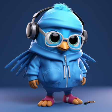 a playful character design of a blue bird wearing headphones and a jacket is seen near a speaker. created in the style of zbrush, this vibrant image showcases strong use of color and wet-on-wet blending techniques. with a reductionist form, this artwork embodies the trendy aesthetics of kidcore and is rendered using vray tracing. ai generatedの素材