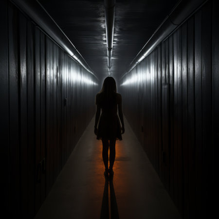 a woman gracefully navigates a dimly lit hallway adorned with an electric sign, exuding an ethereal and otherworldly atmosphere. the scene captures the essence of darkest academia, with its light orange and light black hues. the cryptid academia theme adds an element of mystery, while the use of iso 200 creates a sense of long distance and deep distance. immerse yourself in this imaginative prisonの素材