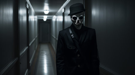 a skeleton dressed in a black suit is seen strolling through a deserted hallway. the image showcases skull motifs and a security camera, creating a darkly comedic atmosphere. the photo is characterized by its photo-realistic hyperbole, intricate costumes, and monochromatic color scheme. the skeleton's strong facial expression adds to the overall impact of the picture. ai generatedの素材