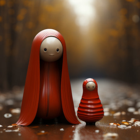 small handmade black and red dolls, reminiscent of the style of eiko ojala and miki asai, stand together in front of a wooden frame. this composition, inspired by madonna and child, is rendered in cinema4d, featuring atmospheric woodland imagery with a warm color palette of light red and amber. the scene evokes the essence of eastern orthodox icons. ai generatedの素材