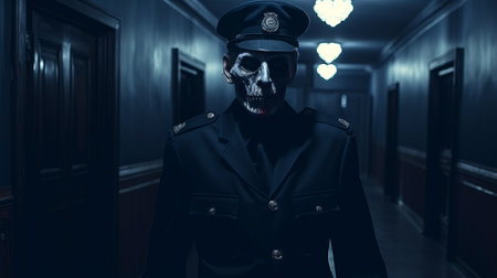 a man dressed in police garb walks down a dark hallway, showcasing detailed facial features and a solarization effect. the photograph features skull motifs, vray lighting, and intricate costumes. it captures the essence of ghostcore aesthetics while portraying a sense of suburban ennui. ai generatedの素材