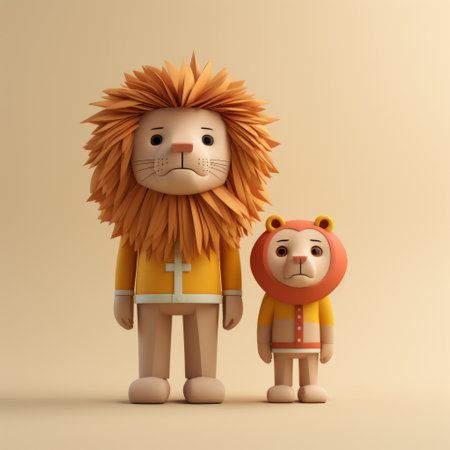 a cartoon design of a lion and lioness, inspired by the minimalist figures of bill gekas. this 8k 3d artwork by dan matutina captures the essence of carved religious icons, reminiscent of childhood arcadias. the style is reminiscent of the works of ivan fedorovich choultse. ai generatedの素材