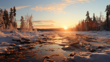 a stunning winter landscape captured in 8k resolution, featuring snow-covered trees and a river. the photo showcases the artistic style of lens flare, with a color palette of light beige and orange. taken by the helsinki school, this national geographic-worthy image portrays a serene atmosphere with a light sky-blue and brown backdrop. ai generatedの素材