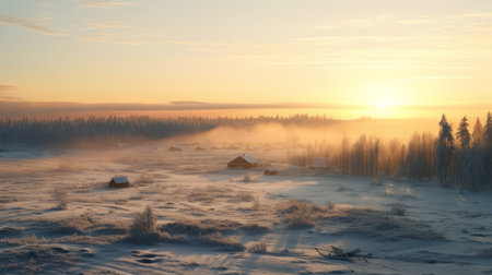 a stunning hd wallpaper capturing the beauty of a sunrise in bdoka ivle. this photo, taken with the zeiss milvus 25mm f/1.4 ze lens, showcases a cold and detached atmosphere, depicting the serene rural life and breathtaking norwegian nature. the mist and lens flare add a touch of ethereal beauty to this captivating image rendered in maya. ai generatedの素材