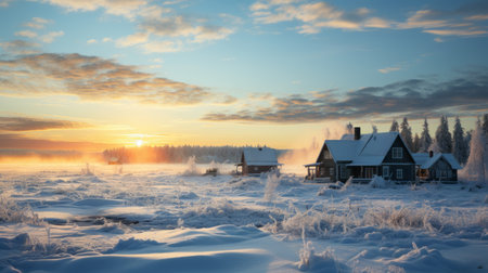 the frozen lake captures the idyllic rural scenes in a celebration of rural life. this national geographic photo, created with vray tracing, showcases a charming and enchanting landscape. the light cyan and orange hues add a touch of warmth to the serene white and gold tones. this photo is reminiscent of the captivating style of the helsinki school. ai generatedの素材