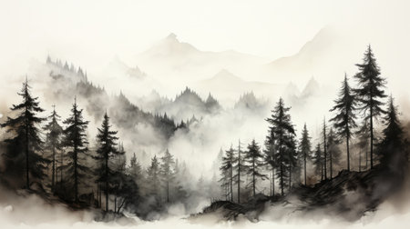 abstract landscape illustration in watercolor featuring pine trees and a river. the artwork is inspired by the misty gothic style, with a color palette of dark bronze and gray. the mountainous vistas create a sense of depth and grandeur. this high-resolution artwork is rendered in black and white, showcasing a realistic and atmospheric portrayal. available in large canvas sizes, perfect for creating captivating and immersiveの素材