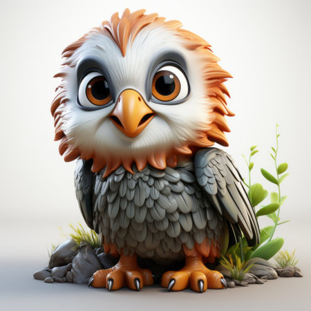 a cartoon bird with big eyes perched on a rock, showcasing detailed feather rendering in the style of zbrush. created by yanjun cheng, this charming character features toy-like proportions and shiny eyes. the artwork draws inspiration from the works of oleg shuplyak. ai generatedの素材