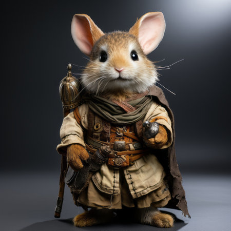 woodland warrior bunny, a charming character, is depicted in this uhd image on a dark background. the image is in the style of uniformly staged images, historically accurate, and inspired by goblin academia. the bunny, made of cheese, stands out with its light gray and amber tones. ai generatedの素材