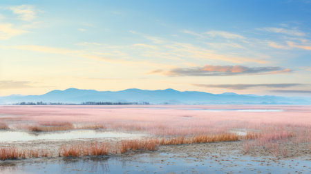 an oversized pink field, reminiscent of calm waters, creates a soft and dreamy atmosphere in this national geographic photo. the uhd image captures the essence of artists ephraim moses lilien and charles e. burchfield, known for their soft atmospheric scenes. ai generatedの素材
