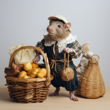 a cute little rat sits in a basket filled with fruit, set against a grey background. this national geographic photo captures the detailed attention to costume and fashion in the style of the northern renaissance. the kitchen still life showcases traditional costumes in a troubadour style, using photo-realistic techniques. ai generatedの素材