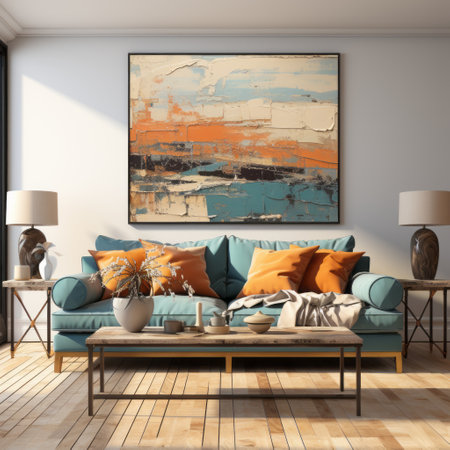 the living room features a blue color scheme with elements of light orange and aquamarine. the abstract impressionism style is evident in the traditional oil painting, showcasing a mix of dark amber and beige tones. the outdoor art incorporates a paint dripping technique, adding a touch of creativity. the overall ambiance is enhanced by the combination of light gray and orange accents. ai generatedの素材