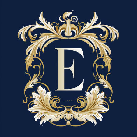a gold-based monogram pattern, inspired by the style of eve ventrue, featuring a combination of dark blue and beige colors. this artwork by elly smallwood showcases an exaggerated sense of nobility, reminiscent of emmy bridgwater's romantic illustrations. the design beautifully merges natural and man-made elements, creating a captivating and unique composition. ai generatedの素材