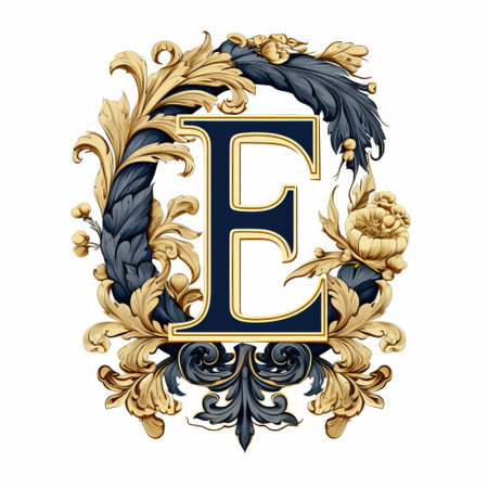 a black and white logo featuring a realistic and detailed rendering of the letter "e" accompanied by a gold floral arrangement. the logo is designed in the style of light navy and dark beige, reminiscent of rococo portraitures and colorful woodcarvings. it showcases intricate details, including elaborate borders, and captures the essence of everyday ephemera. ai generatedの素材