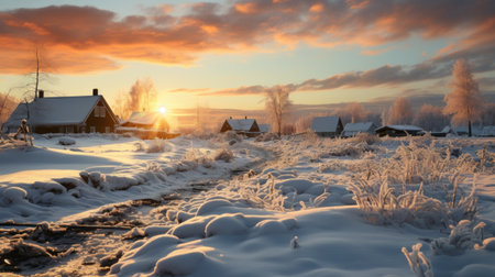 a winter sunrise illuminates the countryside, casting a warm bronze and orange glow on the snow-covered landscape. the majestic mountains serve as a breathtaking backdrop, reminiscent of the artistic style of tyko sallinen. this picturesque scene captures the essence of rural life, evoking a sense of tranquility and beauty found in romantic riverscapes often featured in national geographic photos. ai generatedの素材