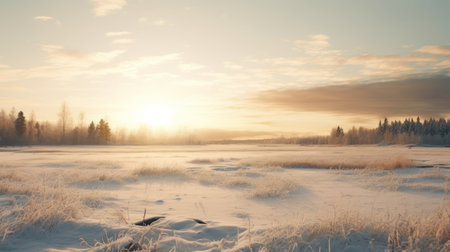 a stunning winter landscape featuring snow-covered trees and serene pastoral scenes. this national geographic photo captures the beauty of the tonalist seascapes style, with its light white and amber hues. the high-resolution 32k uhd image showcases the tranquility and majesty of the winter season. ai generatedの素材