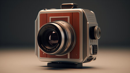 a camera mounted on a stand, showcasing textured realism in dark beige and red hues. this hyperrealistic and photorealistic image captures the essence of the hasselblad 500cm, an 8k camera. created using unreal engine 5, it exudes an atompunk aesthetic. ai generatedの素材