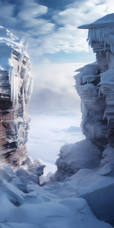 frozen rocks in the style of unreal engine 5, showcasing exotic fantasy landscapes. this environmental portraiture captures the beauty of skeuomorphic, realistic landscapes with soft, tonal colors. the 32k uhd resolution highlights the sharp attention to detail, immersing viewers in a breathtaking icy world. ai generatedの素材