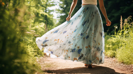 a woman wearing a long blue floral skirt gracefully walks through the forest. the composition of the photo is soft and airy, with a color palette of light emerald and light amber. the image is captured in 32k uhd resolution, showcasing hand-painted details. the selective focus adds depth to the photo, highlighting the feminine elegance and the flowing fabrics of the skirt. ai generatedの素材