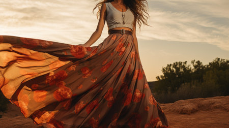 brunette woman in long shirt holding red skirt at sunset. vibrant florals, muted earth tones, dark amber and gray. desertwave style with blurry details. duffy sheridan inspired. exquisite clothing detail. ai generatedの素材