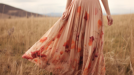 an elegant girl stands in a field, wearing a stunning calavera maxi dress. the photo captures the style of blurry details, with light orange and beige tones. the image has a watercolor wash effect, highlighting the exquisite clothing detail. the combination of light crimson and beige adds to the overall beauty of this captivating photo. ai generatedの素材