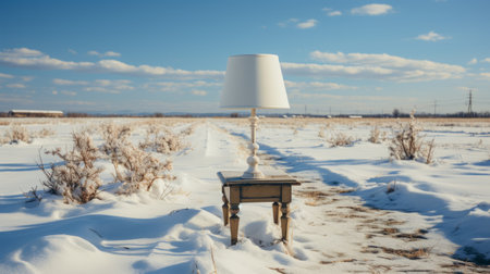 empty desert landscape captured in the style of snow scenes, featuring emotive lighting and found object compositions. this pastoral charm is beautifully portrayed in this tabletop photograph taken with a nikon d750. a captivating representation of prairiecore aesthetics. ai generatedの素材