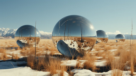 a surreal 3d landscape featuring a desert pasture adorned with multiple metal balls. this photo, inspired by mirrored realms and the artistic styles of elsa bleda and noah bradley, showcases photo-realistic techniques. the scene is bathed in a captivating light, with shades of silver and azure adding to its ethereal beauty. ai generatedの素材