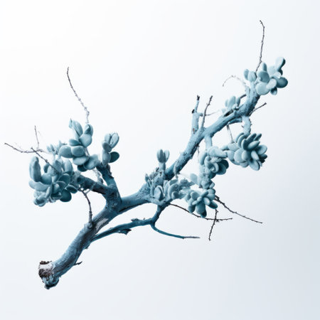 a branch, depicted in blue tones, showcases the photorealistic surrealism style. this artwork incorporates elements of zbrush, whitewashed narratives, and the shang dynasty. the composition is monochromatic, highlighting delicate flora depictions. the piece is a fusion of photography and installations, creating a captivating visual experience. ai generatedの素材