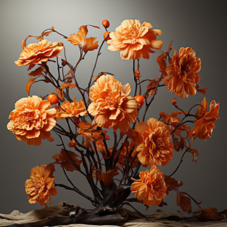 a large collection of orange flowers on a bed, reminiscent of adam martinakis' classic still-life style. the arrangement features twisted branches, creating an intriguing visual effect. the flowers are creased, crinkled, and wrinkled, adding texture to the composition. the overall aesthetic is reminiscent of oleksandr bogomazov's chiaroscuro portraitures. the image is beautifully captured in a lightbox, enhancing its vibrant colors and intricate details. ai generatedの素材