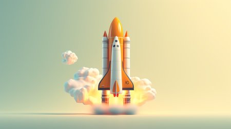 an orange rocket takes off in the sky, showcasing a photorealistic still life style. the rocket's light beige and yellow colors blend seamlessly with the detailed character illustrations. the precisionist style captures the soft and rounded forms of the rocket, creating a visually stunning transportcore installation. ai generatedの素材