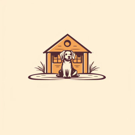 a serene and tranquil scene of a dog in a house logo, inspired by 20th-century scandinavian style. the logo features visual puns, a sepia tone, and a streamlined design. it incorporates elements of celebrity and pop culture references, creating a unique and captivating visual representation. ai generatedの素材