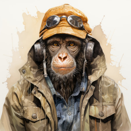 a charming fashion-illustration style drawing of a chimpanzee wearing a cap. this post-apocalyptic themed artwork captures the essence of a national geographic photo. with its 8k resolution, the illustration showcases skillful composition and distinctive noses, adding a unique touch to the character. ai generatedの素材