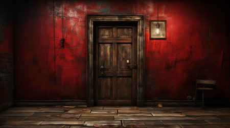 a screenshot of a haunted house in dark bronze and red tones, featuring post-apocalyptic backdrops and trompe l'oeil compositions. the passage within the house is adorned with classic still-life elements, creating a surrealistic horror atmosphere. the wood details add to the eerie ambiance. ai generatedの素材