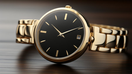 vemma watch featuring a black dial and delicate gold detailing, inspired by the artistic styles of vray, raymond swanland, and sui dynasty. the smooth and shiny design exudes serenity and harmony, reminiscent of the works of xanti schawinsky. ai generatedの素材