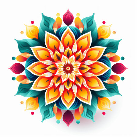 orange and yellow paper floral design featuring a seamless pattern in bright colors on a white background. the design showcases a balanced symmetry, with influences from zen buddhism. the light teal and magenta hues add a vibrant touch to the symmetrical arrangement. the unique framing and composition highlight circular shapes, reminiscent of a tattoo design. ai generatedの素材