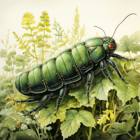 a photorealistic drawing of a green bug with big brown tassels, inspired by the style of philipp otto runge. this detailed character illustration showcases intricate science fiction elements, reminiscent of lacquer painting techniques. the artwork also reflects influences from anton mauve and dariusz klimczak, resulting in a captivating and unique composition. ai generatedの素材