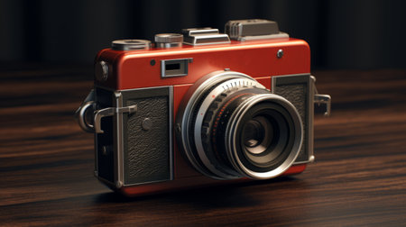an old camera sits on a table with a sleek black surface, creating a striking contrast. rendered in maya, the camera is depicted in dark orange and crimson hues, reminiscent of the artistic styles of hyman bloom and q hayashida. this hybrid media work combines elements of photo-realism and hyperbole, drawing inspiration from photographic sources. ai generatedの素材