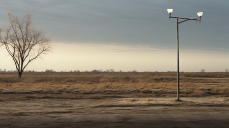 two lamp posts stand tall amidst a vast field, capturing the essence of raw and emotional imagery. this prairiecore scene showcases desolate landscapes and tells a narrative-driven visual story of everyday life. with a resolution of 20 megapixels, this photo beautifully depicts the simplicity and beauty found in the ordinary. ai generatedの素材