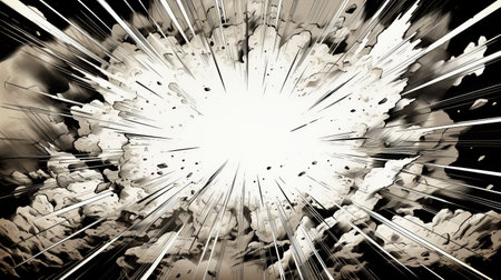 a photo featuring a white and black burst effect reminiscent of comic book-style art. captured in stunning 8k resolution, the image showcases a sepia tone with bold manga lines. the use of atmospheric perspective adds depth, while the realistic hyper-detail and explosive pigmentation create a visually captivating experience. ai generatedの素材