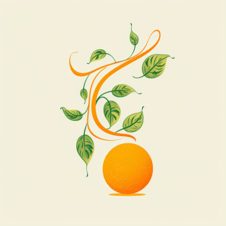 colorful orange with leaves, showcasing playful use of line and graceful balance. this conceptual simplicity is reminiscent of scientific illustrations and illustrated advertisements, with the orange itself made of intertwining vines. ai generatedの素材