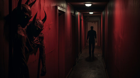 a person walks down a hallway, flanked by menacing demons on each side. this captivating image, captured with the crimson-toned zeiss milvus 25mm f/1.4 ze lens, showcases the haunting atmosphere. with the artistic influences of matt wagner, clay mann, and worthington whittredge, this photo evokes a sense of darkness and mystery. shot at iso 200, the image is enhanced with rtx technology for a trulyの素材