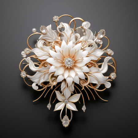 a unique vintage flower brooch in gold, designed in the form of flowering crowns and pins. this exquisite piece of jewellery showcases the craftsmanship and calligraphic elegance. rendered in cinema4d, the brooch features fine feather details and a light white color. a commissioned creation, perfect for those who appreciate angura kei style. ai generatedの素材