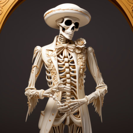 a 3d rendered skeleton adorned with a hat and wig, showcasing the influence of mexican folk art. the artwork features a combination of dark white and light gold tones, with arched doorways in the background. the composition includes maquette elements, as well as western-style portraits. the overall aesthetic is subtle yet expansive. ai generatedの素材