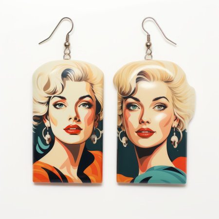 two women, in the style of pop art popularity, are seen on top of each other's heads inside a large earring box. the box is made of imitated material in light orange and dark beige colors. the scene resembles glamorous hollywood portraits with a limited color range of turquoise and red. the box itself is made of rubber. ai generatedの素材